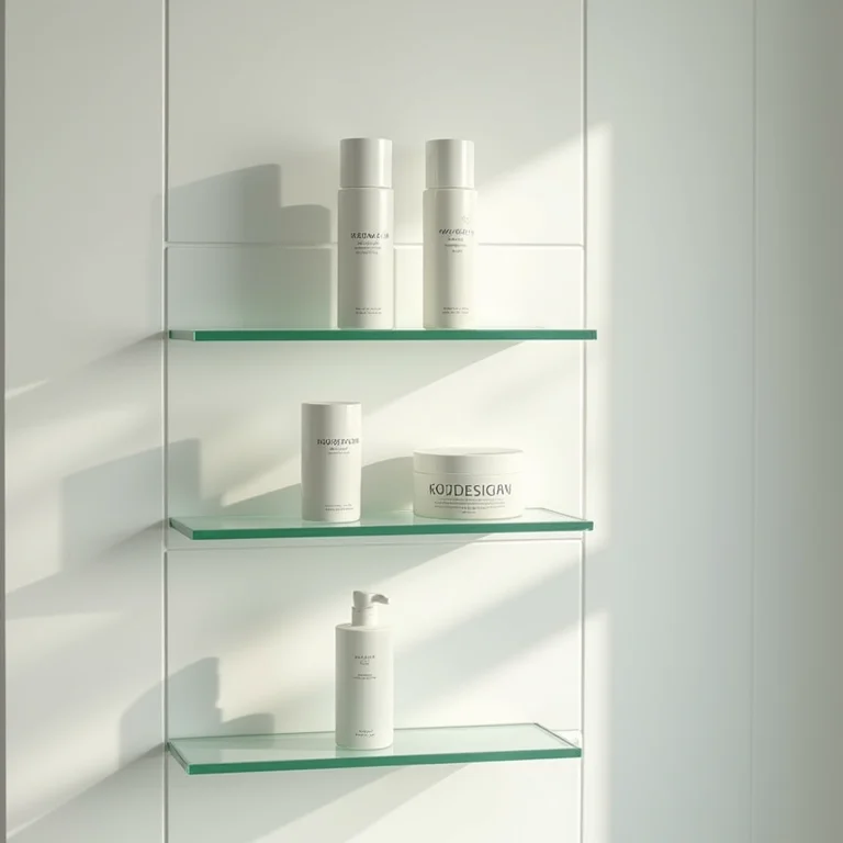 Prateleiras de vidro com produtos de skincare em banheiro