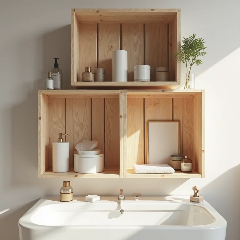 Prateleiras e nichos feitos com caixotes de feira em banheiro.