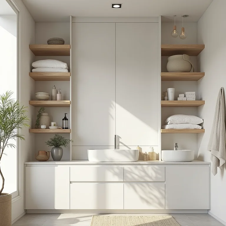 Prateleiras verticais organizadas em um banheiro
