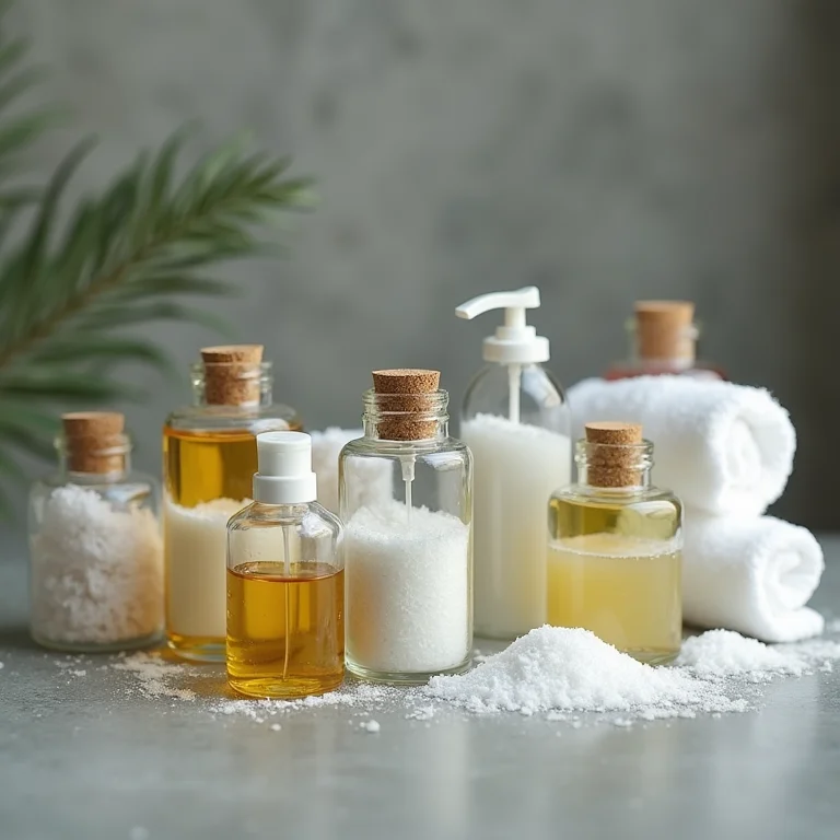 Produtos de banho sobre superfície de cimento, representando banheiro sem azulejo