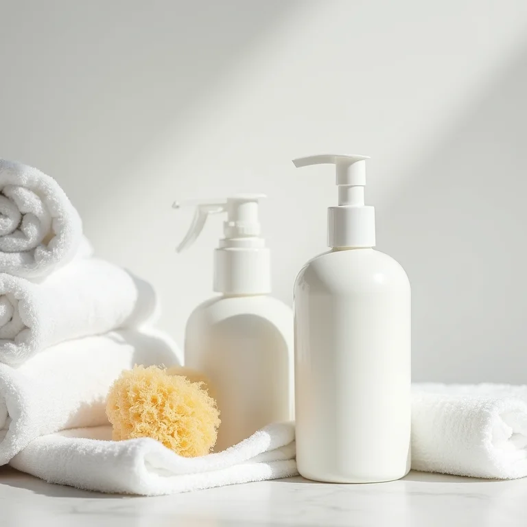 Produtos de limpeza para banheiro branco organizados