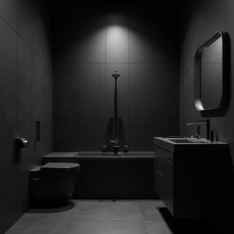 Revestimento preto fosco em um banheiro pequeno, diminuindo o espaço.
