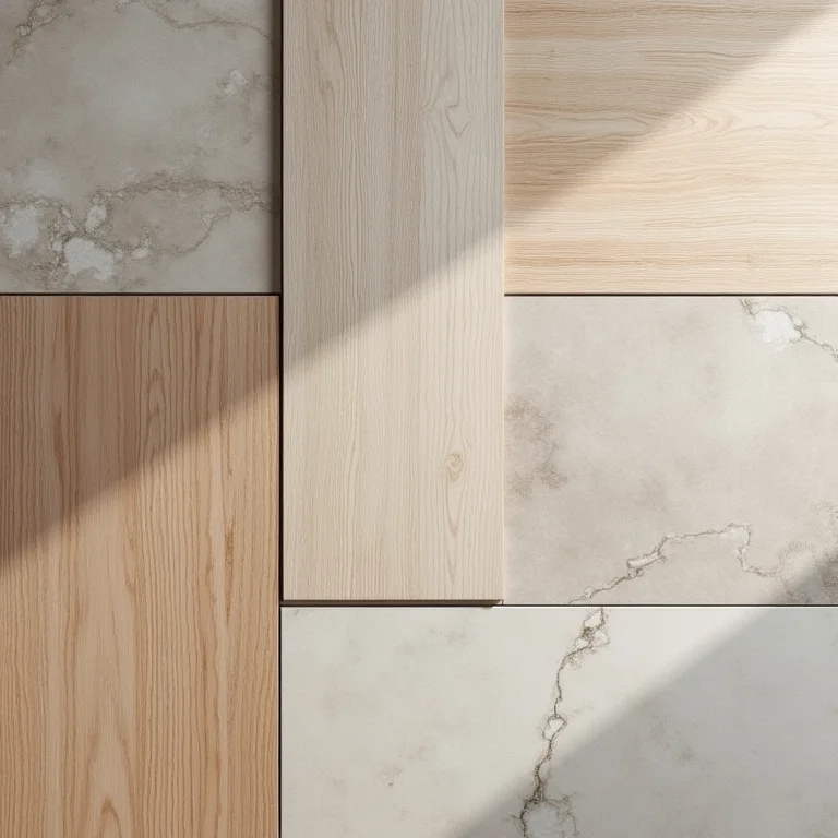 Revestimentos de banheiro verdes e de madeira com diferentes texturas.