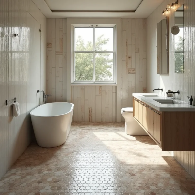 Revestimentos inadequados e desalinhados em um banheiro.