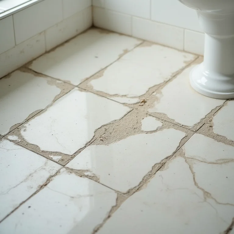 Revestimentos inadequados em um banheiro com sinais de umidade