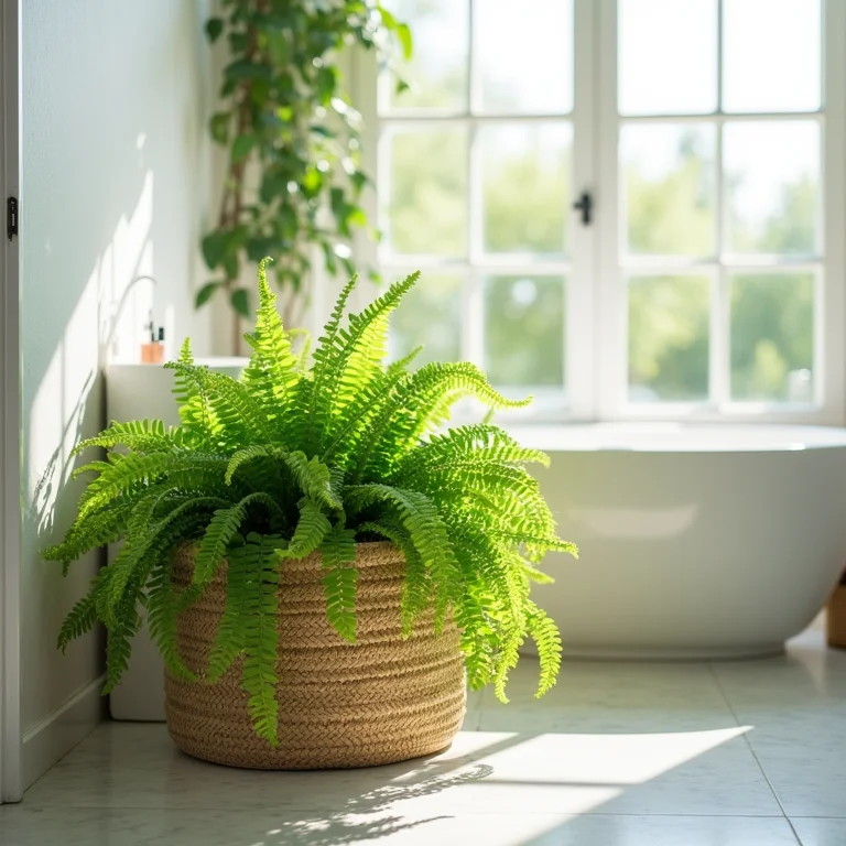 Samambaia exuberante em banheiro com iluminação natural