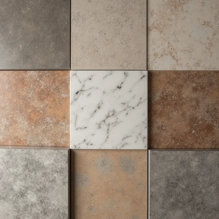 Seleção de revestimentos de banheiro em diversas cores e texturas