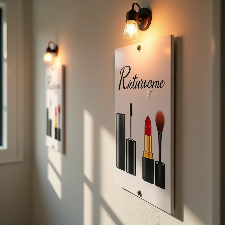 Símbolo com elementos de maquiagem para banheiro feminino.