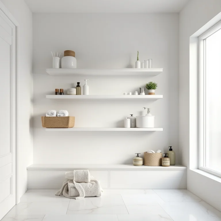Soluções de armazenamento minimalistas para banheiro branco