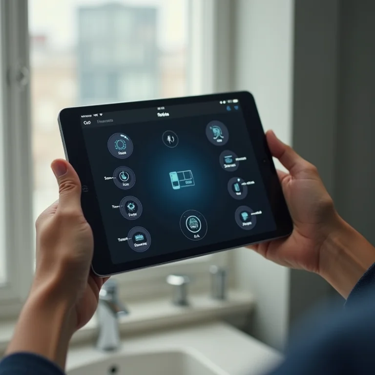 Tablet mostrando interface de controle do banheiro inteligente com foco em privacidade
