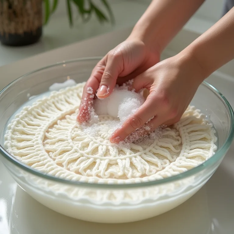 Tapete de crochê sendo lavado à mão.