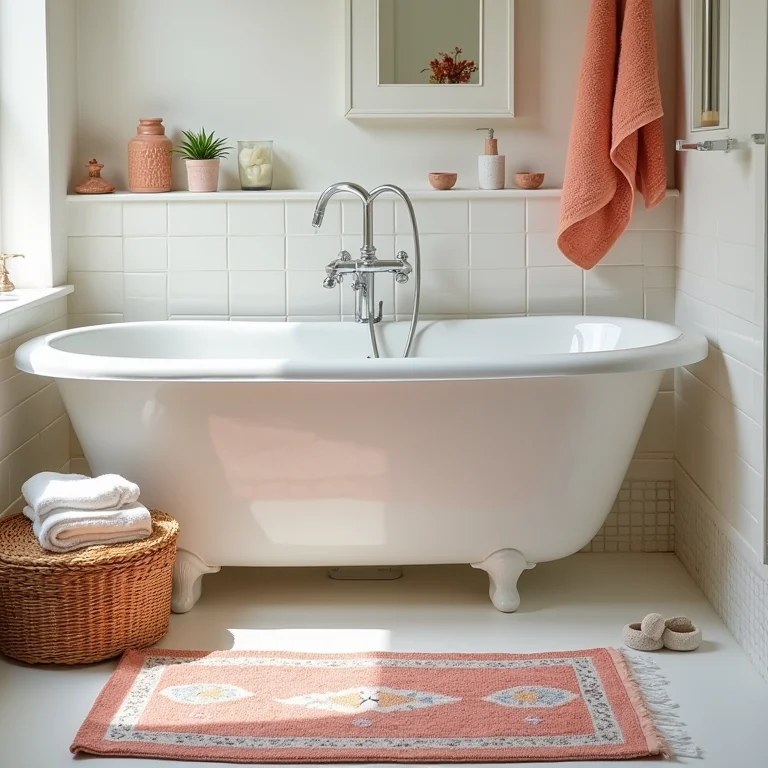 Tapetes e acessórios de banheiro desconexos e sem harmonia.