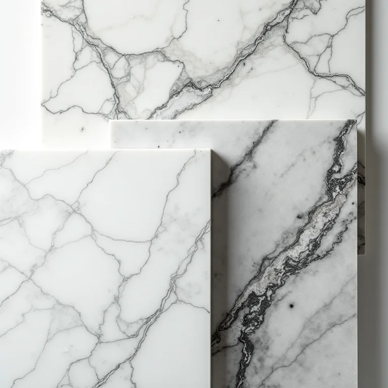 Tipos de mármore para banheiro: Carrara, Calacatta e Nero Marquina.