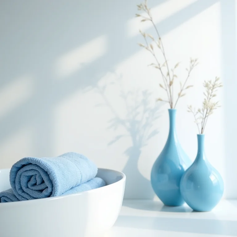 Toalhas azuis e vaso azul em um banheiro branco.