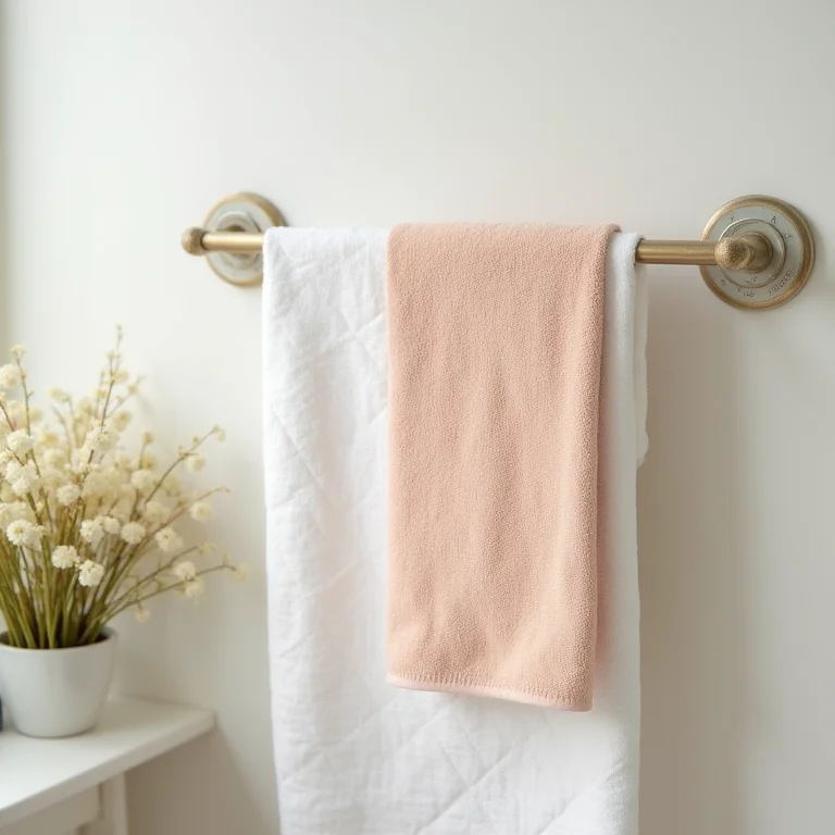 Toalhas de mão em tons pastel penduradas em toalheiro vintage