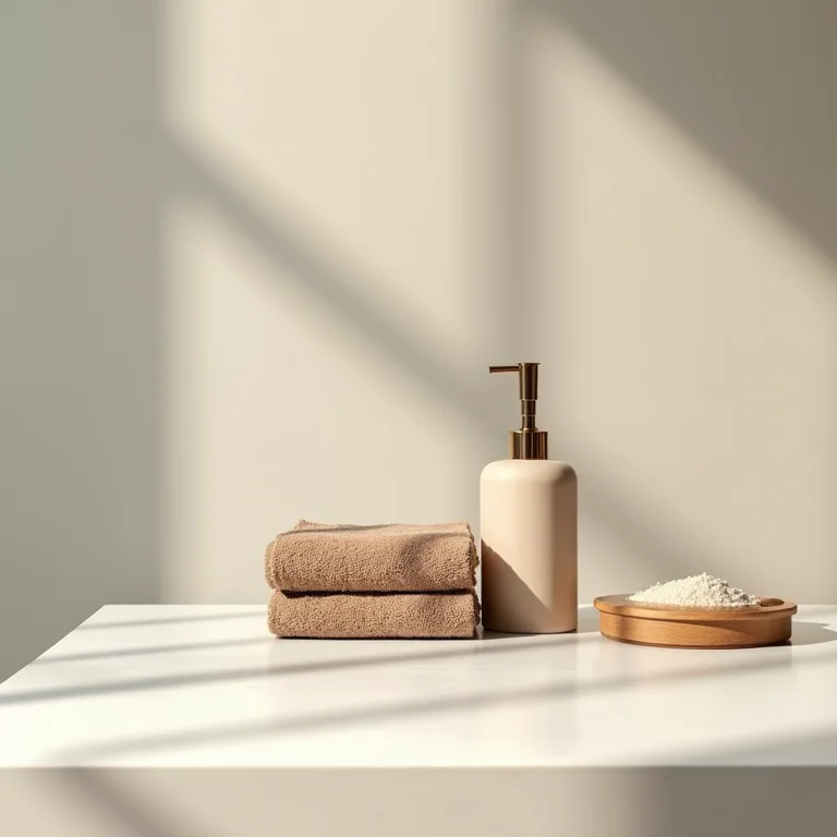 Toalhas marrons e acessórios bege em um banheiro.