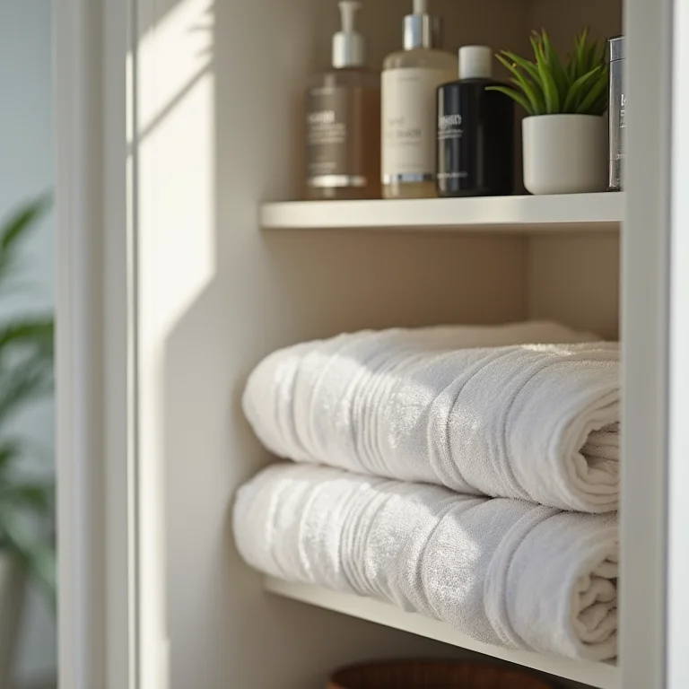 Toalhas organizadas e produtos de higiene pessoal em um banheiro pequeno