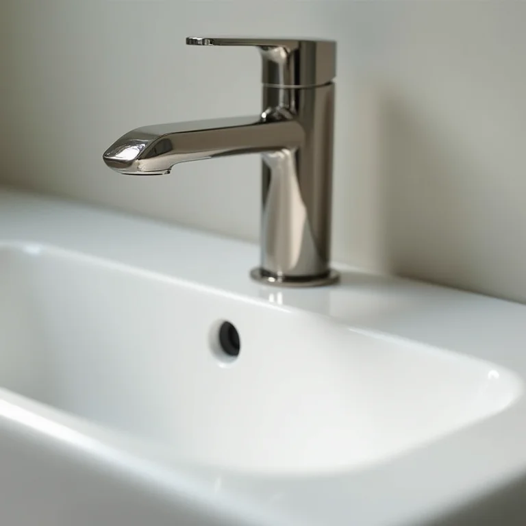 Torneira de níquel polido e pia de porcelana elegante