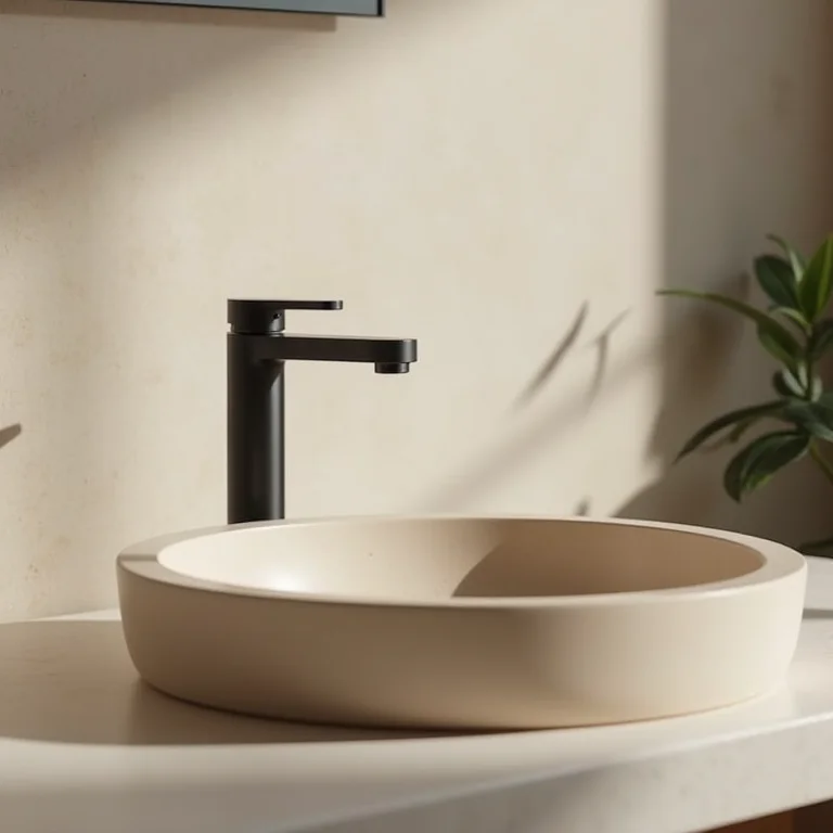 Torneira preta elegante e pia bege em um banheiro.