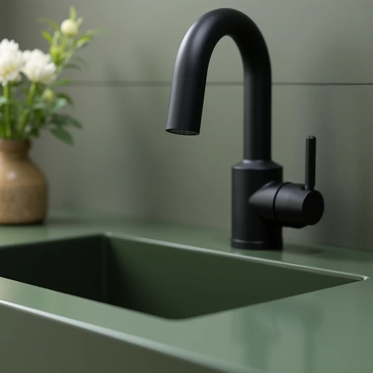 Torneira preta fosca e pia verde oliva