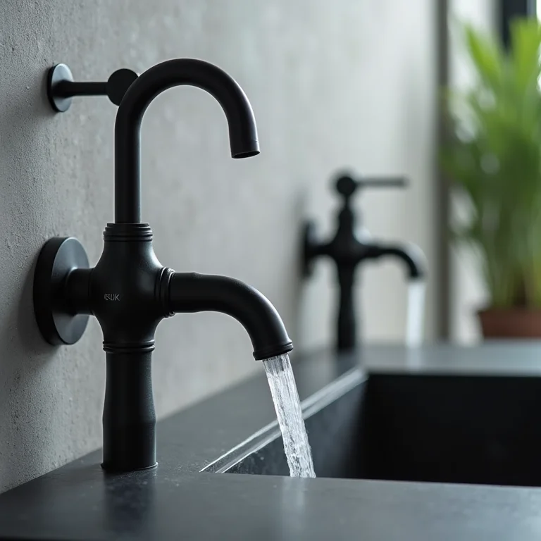 Torneiras e chuveiros de metal preto fosco em um banheiro industrial