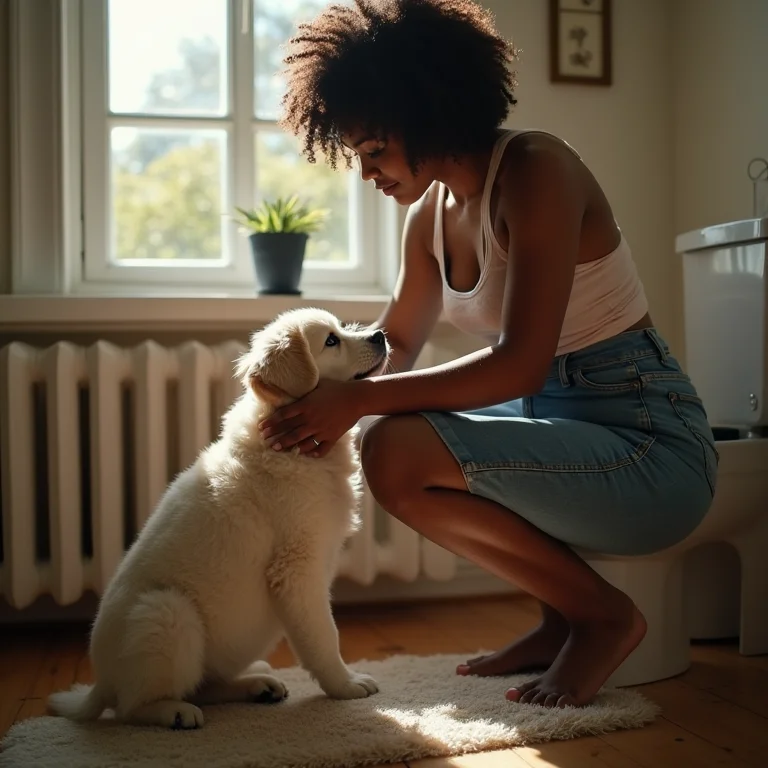 Tutora limpando um banheiro inteligente para cachorro