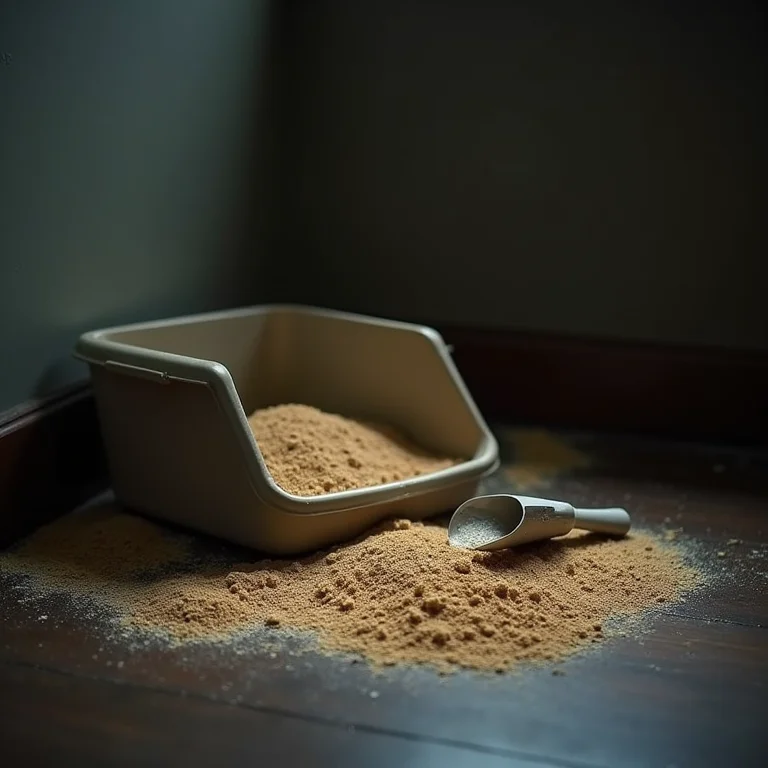 Um banheiro de gato sujo e abandonado com a areia espalhada.