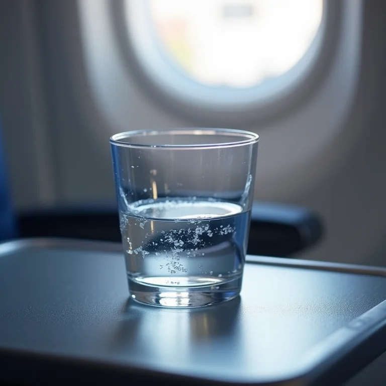 Um copo de água em um avião, levantando questões sobre a qualidade da água.