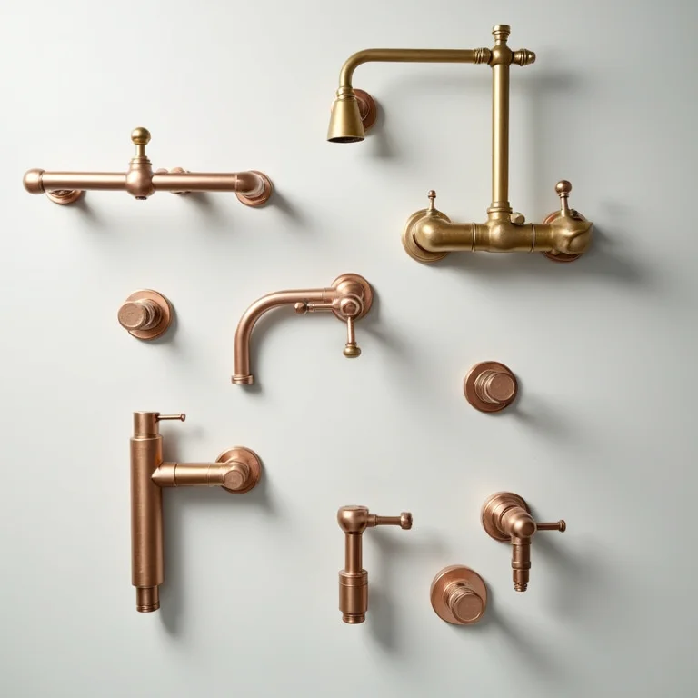 Variedade de metais coloridos para banheiro em composição flat lay