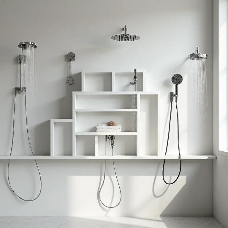 Variedade de modelos de chuveiros expostos em uma prateleira.