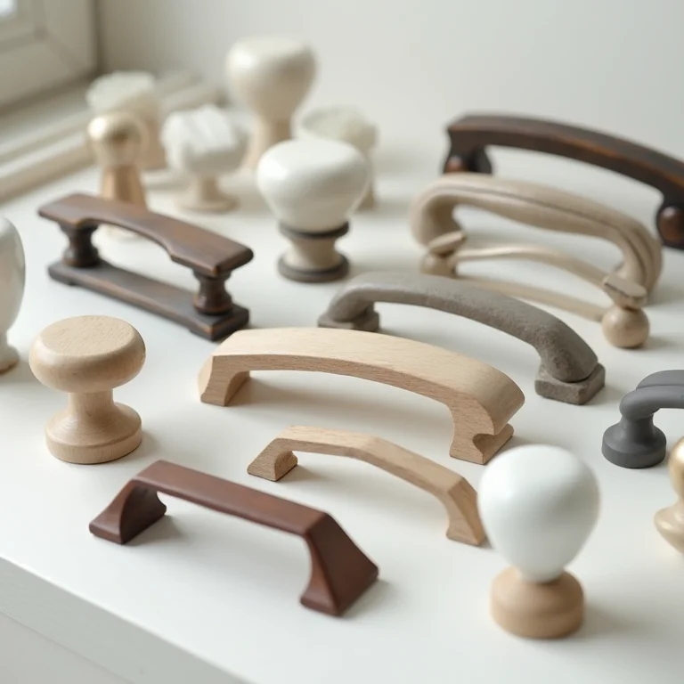 Variedade de puxadores e dobradiças para armários de banheiro.