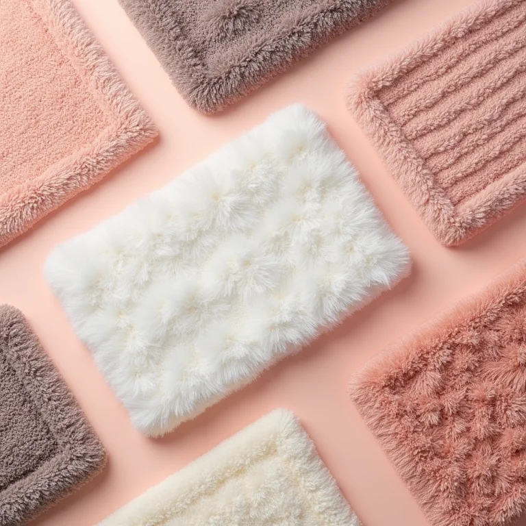 Variedade de tapetes de banheiro coloridos em um flat lay