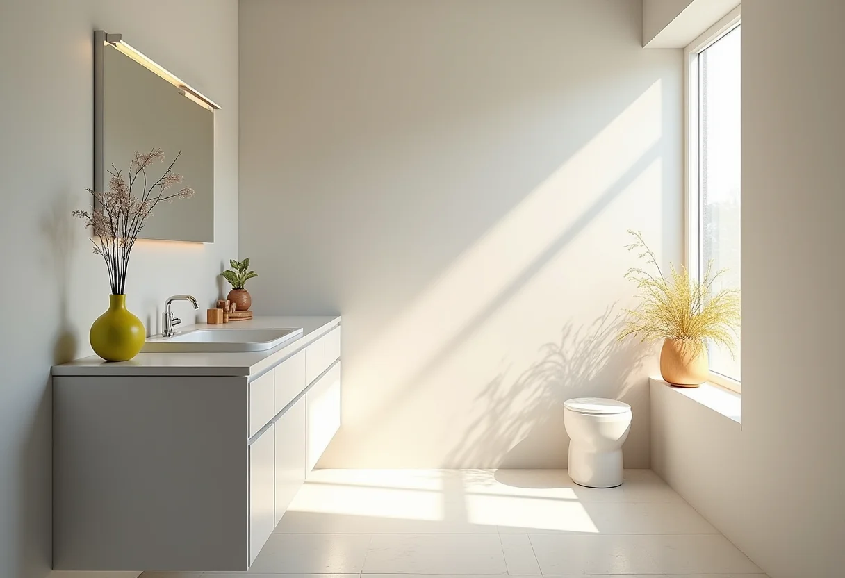 Vaso colorido em banheiro moderno com luz natural