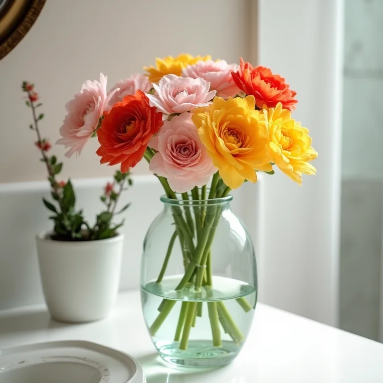 Vaso de vidro transparente com flores coloridas no banheiro