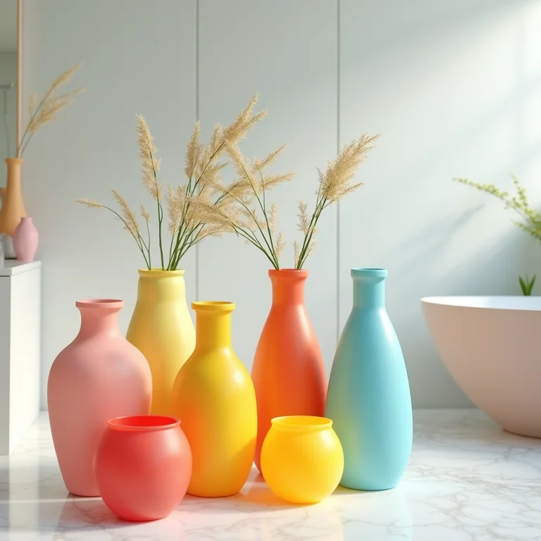 Vasos de plástico coloridos em banheiro moderno