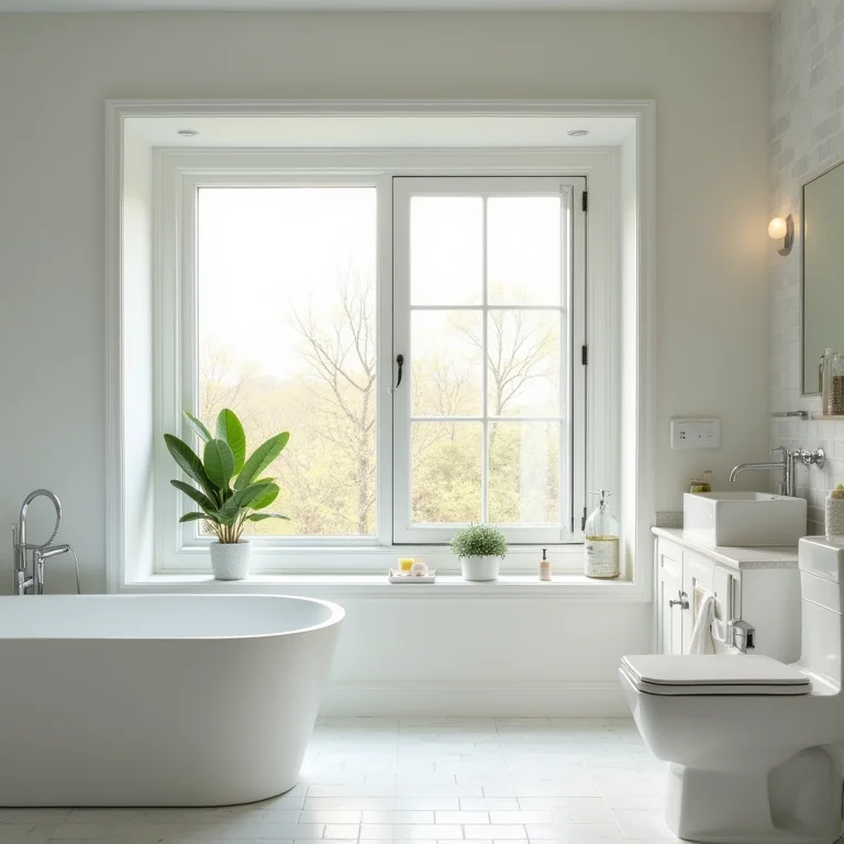 Ventilação natural em banheiro de luxo com janela aberta